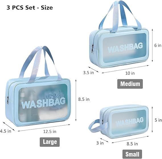 BLUE CRANE Stay lippy Wash Bag Pouch for Travel Kit Toiletry Bag Cosmetic Bag Make Up Box for Brushes, Accessories with Handle, Large Capacity Translucent Waterproof Travel Storage Organizer Set of 3 3