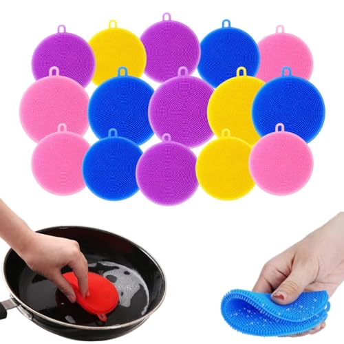 Image of Cleaning Sponge Silicone Scrubber for Kitchen Scrubber Fruit and Vegetable Washing Brush Round Scrubber Pad Multipurpose Silicone Dishwashing Tools (Multicolor) (15)