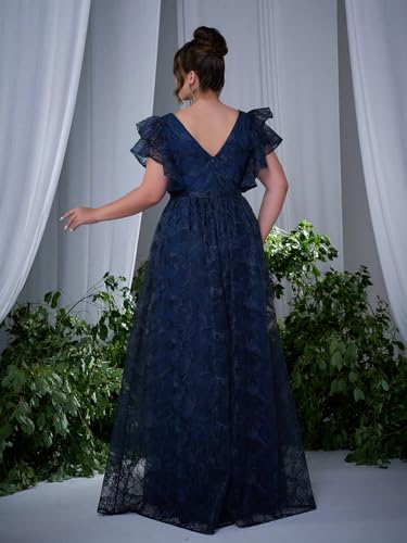 Women's Plus Size V Neck Ruffled Sleeve Embroidered Lace Maxi Dress with High Slit Formal Evening Gown for Weddings4