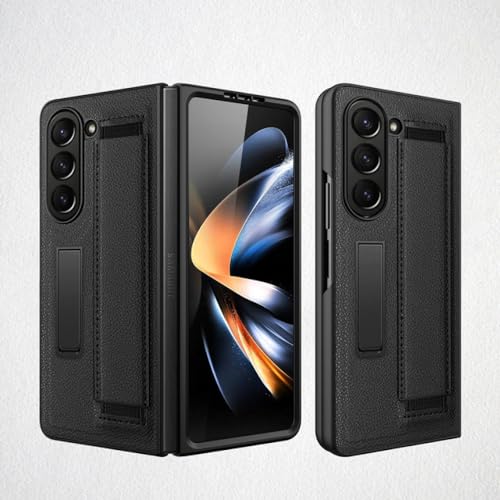 Coque Samsung Galaxy Z Fold 5 en cuir litchi noir avec film et support pliant antichoc