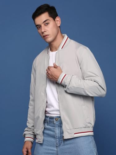 Image of SHOWOFFFF Men Solid Bomber Jacket | Mock Collar Full Sleeves Nylon Jacket for Mens | Slim Fit Jacket for Men's