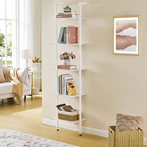 Tajsoon Industrial Bookcase, Ladder Shelf, 5-Tier Wood Wall Mounted Bookshelf With Stable Metal Frame, Open Display Rack, Storage Shelves For Bedroom, Home Office, Collection, Plant Flower, White #TOP6