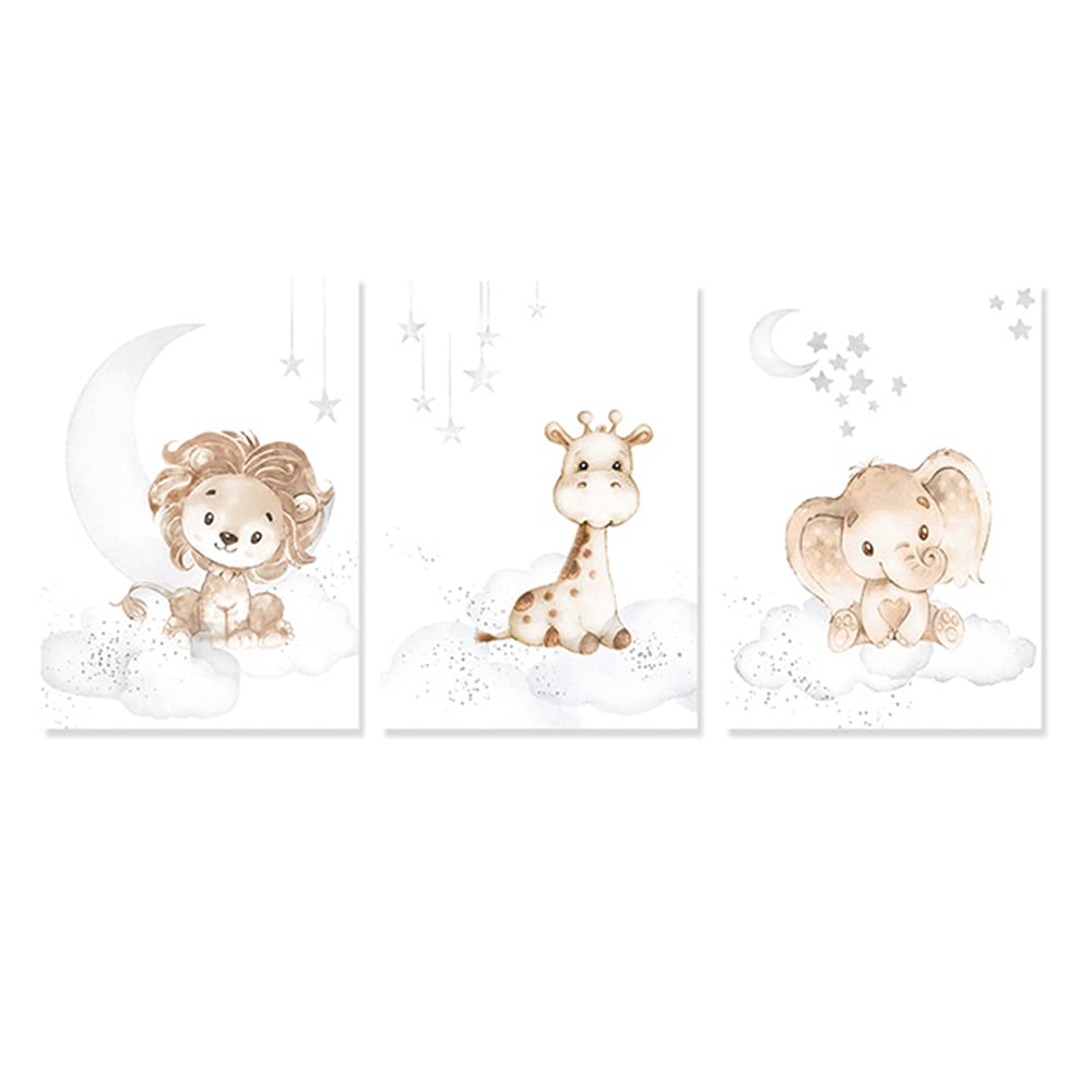 3 Laminas para Cuadros Infantiles Poster Animales Diseño de León Jirafa Elefante Nubes Estrellas Luna Pared Decoración Dormitorio Habitacion Bebé Niño Niña Regalo 30 x 40 cm sin Marco