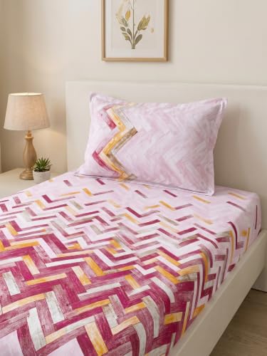 Image of Mafatlal 186 TC Autumn Delight 100% Cotton Single Flat Bedsheet | 60 x 90 Inches | Soft & Breathable Floral Printed Bed Linen | Includes 1 Matching Pillow Cover | Candy Pink