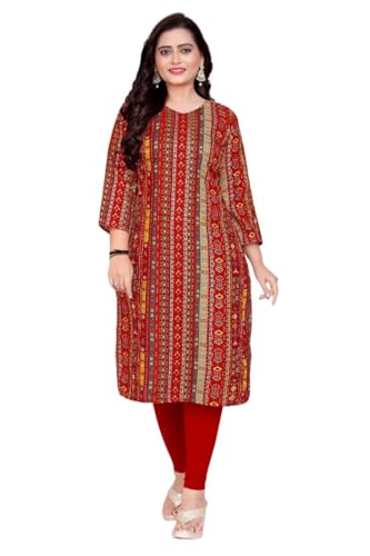 Image of Amthi Women's Cotton Blend Kurti with Foil Print - Red Printed Straight Kurta for Daily