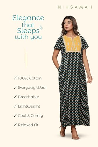 Image of NIHSAMAH Cotton Nighty for Women - Printed Stylish Night Gown, Comfortable Sleepwear Long Nightwear, Maxi