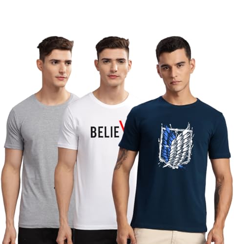 Image of ADRO 100% Cotton Lycra Tshirts for Men Combo Pack of 3 | Regular Fit | Printed T Shirt | Round Neck Half Sleeve| Mens Tshirts