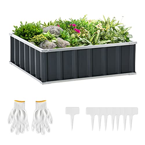 Outsunny Letto per Orto Rialzato in Acciaio con Fondo aperto, Montaggio Senza Attrezzi, Portapiante per Ortaggi, Erbe e Fiori, 90x90x30 cm, Grigio Scuro