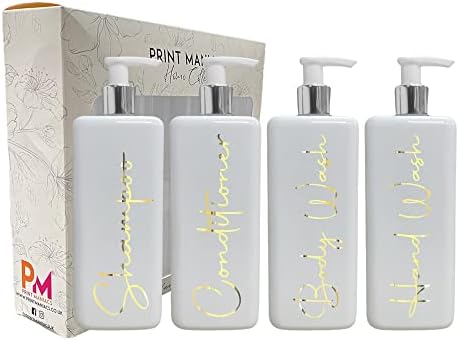 Print Maniacs Mrs Hinch Inspired Signature White 500ml Square Reusable Dispenser Bottle Silver Pump Personalised Bathroom Storage Toiletries Set F2 (Grey, Shamp, Con, Body Wash)