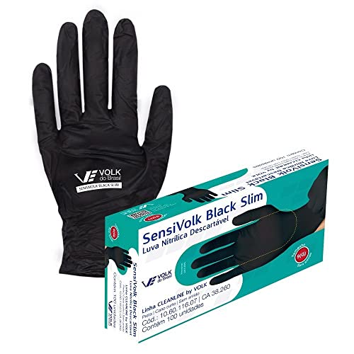 Luva Nitrílica Resistente a Produtos Químicos Descartável Sensi Black Slim C/100 unidades - Volk (G)