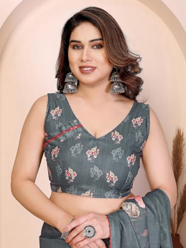 Image of Satrani Women's Tussar Silk Floral Printed Saree with Unstitched Blouse Piece