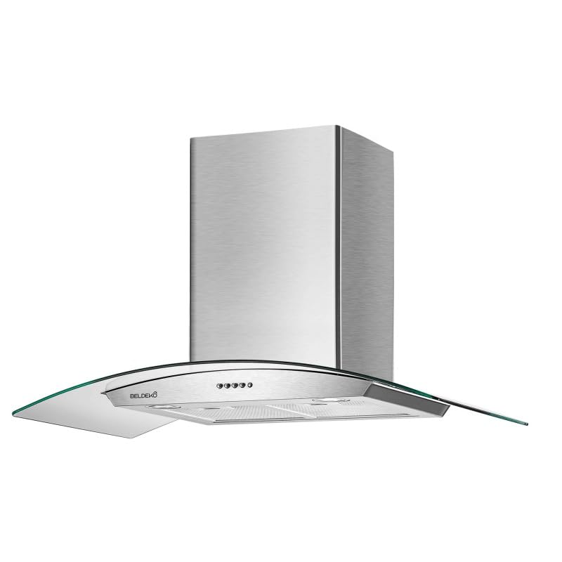 Hotte décorative murale 90 cm Verre & Inox – BELDEKO – Débit jusqu’à 559 m³/h – 200 Watts - 3 vitesses + minuterie – Recyclage ou évacuation – Design...