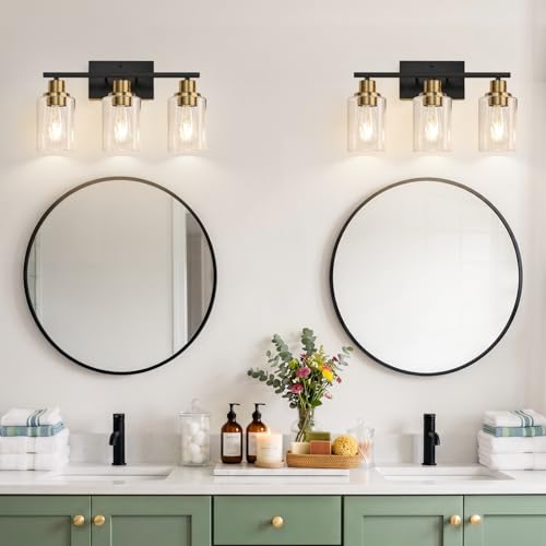 Image of Indoi 3-Light Bathroom Light Fixtures, Black and Gold Modern Vanity Lights with Clear Glass Shades, Bathroom Wall Lamp for Mirror Living Room Cabinet Bedroom Porch