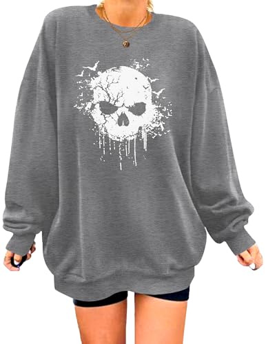 Zeagoo Women's Halloween Sweatshirts Skull Graphic T Shirts Long Sleeve Pullover Tops Fall Clothes 2024 Grey Skull L