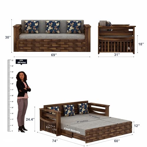 Image of Ganpati Arts Solid Sheesham Wood 3 Seater Italian Sofa Cum Bed with Storage and Side Pockets for Living Room Wooden Sofa Bed for Home - Teak Finish 1 Year Warranty