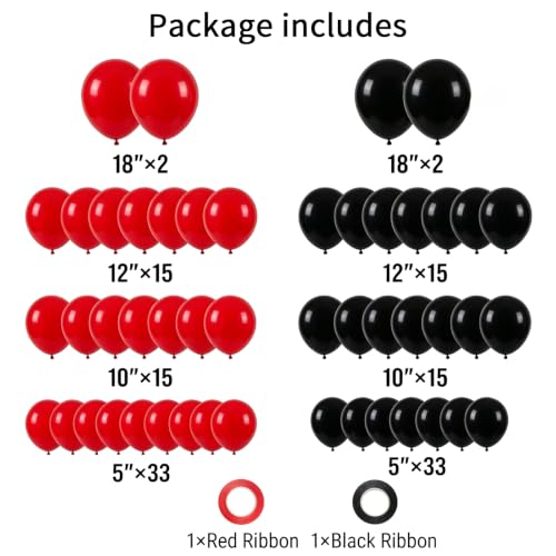 Image of 130pcs 18 /12 /10 /5 Inch Matte Black and Red Latex Balloon Garland Arch Kit