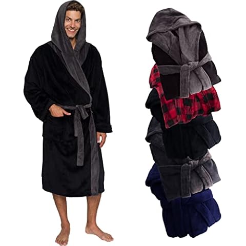 Ross Michaels Mens Robe Hooded Wrap Style - Mid Length Plush Fleece Bathrobe (Black & Gray, 2X-Large) Cover