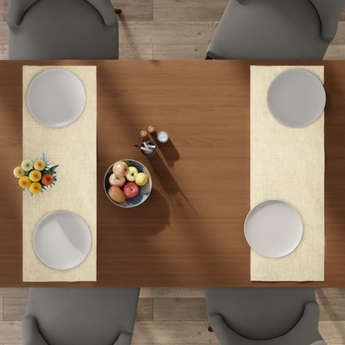 Image of Encasa XO Dining Table Runner for 4 to 6 Seater | 32x91 cm | Natural | Chenille Fabric | Machine Washable