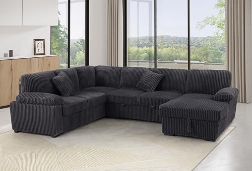 Image of ERYE Oversized U-Shaped Pull Out Sleeper Couch Bed, Modern U Shaped Sleeper Sectional Sofa Corduroy Corner Convertible Sofa Bed with Storage Chaise Lounge for Living Room