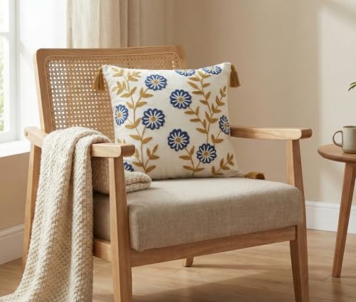 Image of Furnistitchs Handmade Cotton Bohemian Home Decor Cushion Cover 24x24 inches / 60x60 cms - Boho Chic Couch Sofa Throw Living Room Bedroom Cushions (2, Navy Aster)