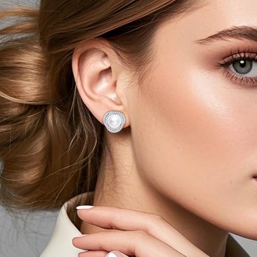 Silver Pearl Stud Earrings, 10MM Pearl with Cubic Zirconia Halo, Hypoallergenic 925 Sterling Silver Post2