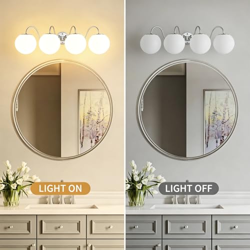 Image of Vintage Brushed Nickel Bathroom Vanity Light Fixtures Over Mirror 4 Lights