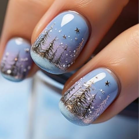 24 Pcs Christmas Press on Nails Short Square Fake Nails Winter Golden Xmas Tree Designs Sparkly False Nails Glossy Full Cover Acrylic Nails Christmas Stick on Nails for Women Nails Manicure Decoration Cover