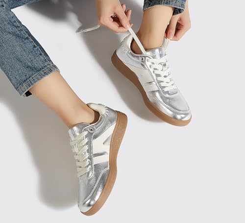Image of LUCKY STEP Women Retro Gum Sole Fashion Sneakers | Genuine Leather Classic Tennis Skate Walking Shoes Anti Slip Trainers