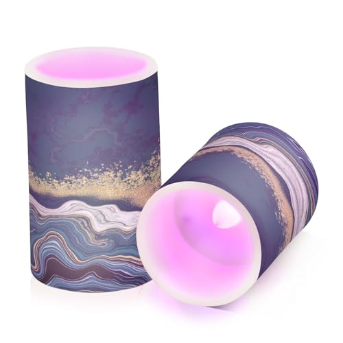 Image of Flickering Flameless Candles, Navy Blue Marble Golden Veins LED Candles with Remote Timer, Set of 2 Battery Operated Candle for Valentine Wedding Birthday