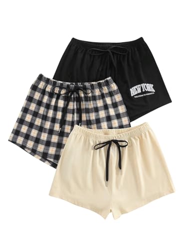 Image of WDIRARA Women's 3 Pack Plaid Letter Graphic Pajama Shorts Lounge Shorts | Elastic Waist ,Comfortable,Home Living,Sleepwear