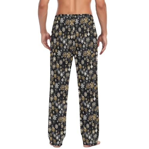 Mens Cotton Pajama Pants Sleep Lounge Pj Bottoms Sleepwear with Pockets Drawstring S Golden Snowflakes3