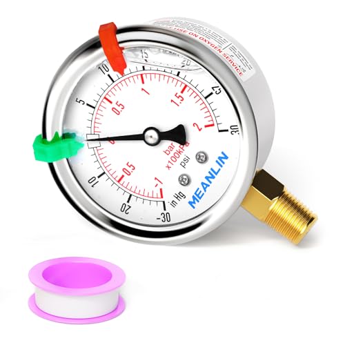 Image of MEANLIN MEASURE -30inHG~30Psi Vacuum Pressure Gauge 1 /4 inch NPT 2.5 inch FACE DIAL, Stainless Steel Liquid Filled Pressure Gauge WOG Water Oil Air Lower Mount (with 2PCS Snaps)