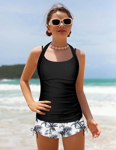 Girls Swimsuit 2 Piece Halterneck Girls Tankini Swimsuit Drawstring Printed Swim Shorts Girl Bathing Suit for 7-16T3