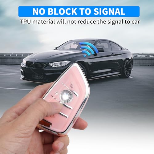 Image of QBUC for BMW Key Fob Cover with Leather Keychain | for BMW 2 5 6 7 Series X1 X2 X3 X5 X6 X7 Premium Soft TPU Key Fob Holder (1-Pink)