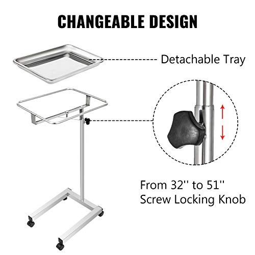 Image of VEVOR Mayo Stand 18 x 14 inch Medical Tray, Height Adjustable 32-51 inch, Stainless Steel Lab Cart with Removable Tray & 4 Swivel Wheels, Metal Instrument Procedure Tray for Home Equipment, Dental