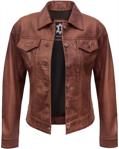 UrbanFocal Real Lambskin Outerwear Womens Leather Jacket - Vintage Motorcycle Jacket Women | [101007303] F.Trucker Brown, M