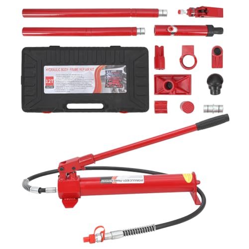 Image of 12 Ton Porta Power Kit, Portable Hydraulic Jack with 3.9 Ft /1.2 m Oil Hose, Auto Body Frame Repair Kit with Storage Case for Car Repair, Truck, Farm