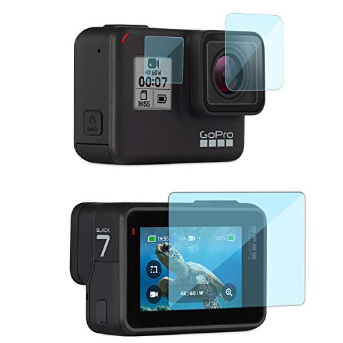 LARRITS - Protector de pantalla para GoPro Hero 7 6 5 Black, 2 unidades de cristal blindado protector de pantalla + 2 unidades de cristal protector de pantalla + 4 unidades de protector de pantalla