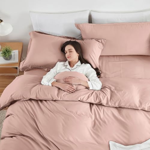 Image of Hearth & Harbor Blush Pink Duvet Cover with Fitted Sheet Twin Size | 3 Piece Soft Double Brushed Bedding Set, Button Closure, 1 Duvet Cover 68x90 Inches, 1 Fitted Sheet, 1 Pillow Sham