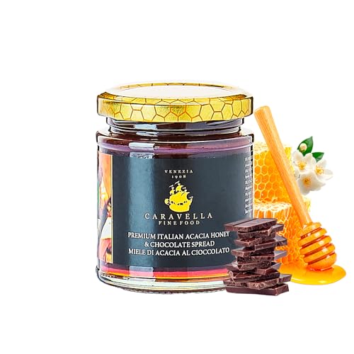 Miel de Acacia con Chocolate 250g Caravella Fine Food | Italiana Crema Gourmet Ligeras Notas Florales y Profundo Sabor a Cacao | Ideal para Desayunos Cruasanes Pasteles de Frutas Postres Regalo