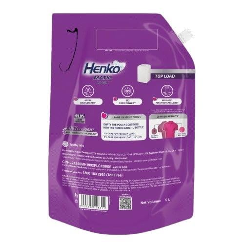 Image of Henko Matic Top Load Liquid Detergent - 5L Jumbo Pack with Nano Fiber Lock Technology, 99.9% Germ Protection, Bio Stain Power & Ultra Color Care which maintains the Newness, Color & Shine