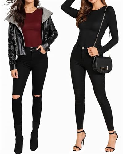 Image of MANGOPOP Women's Fleece Lined Long Sleeve Bodysuit Crew Neck Body Suit Shirt Thermal Basic Tops, Black, Medium