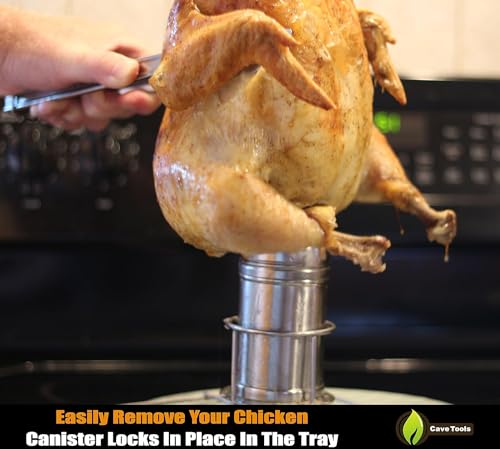 Cave Tools Roasting and Grill Rack, Stainless Steel BBQ Accessories for Smoker, Grill or Oven, Dishwasher Safe - Beer Can Chicken & Turkey Holder Roasting Pan with Vegetable Spikes