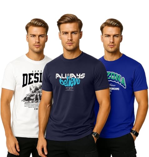 Image of Veirdo 100% Pure Cotton Regular Fit Aesthetic Graphic Printed Round Neck Half Sleeve T-Shirt Combo for Men (Pack of 3) (Green,Red,Swanwhite,Black,Navy Blue,White,Brown,Royal Blue)