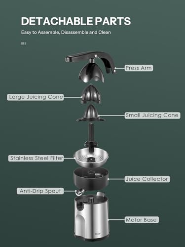 Professional Brushed Stainless Steel Electric Citrus Juicer, 2 Interchangeable Cones for Orange, Lemon & Grapefruit, Easy Clean, Durable Design & Effortless Operation