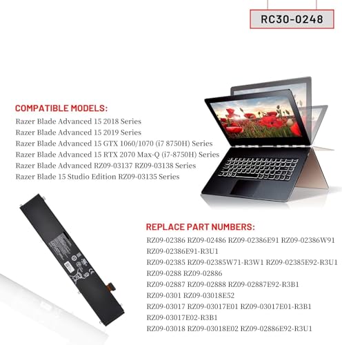 Image of Wefly RC30-0248 Laptop Battery Compatible for Razer Blade 15 Advanced 2018 2019(i7-8750H) RZ09-02385 /02386 /02486 RZ09-02886 /02887 /02888 RZ09-03017 /03018 RZ09-03135 RZ09-03137 /03138 Laptop Battery