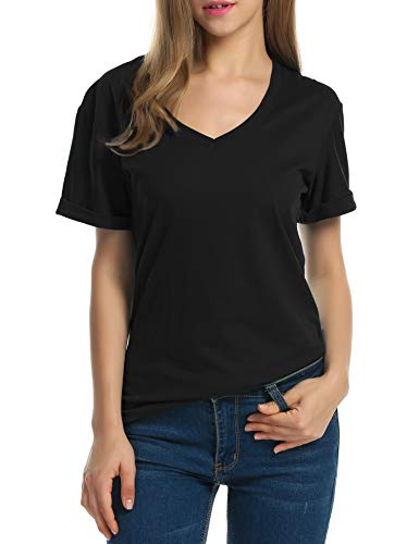 Meaneor Women's Plus Size Baggy Roll UP Short Sleeve V-Neck T-Shirt Top Blouse