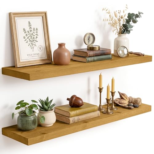 Image of Solid Wood Floating Shelves for Wall 36 inch,Natural Wooden Shelf Set of 2