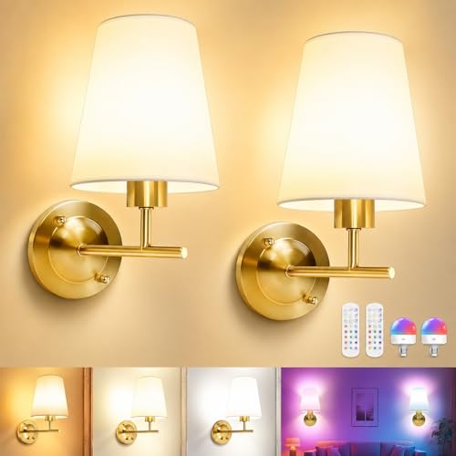 Image of Battery Operated Wall Sconce Set of Two with Remote and Dimmable LED Bulbs, 12 Colors Cordless Rechargeable Wall Lights with Timer, Gold Wireless Wall Lamps for Bedroom Living Room Hallway Entryway