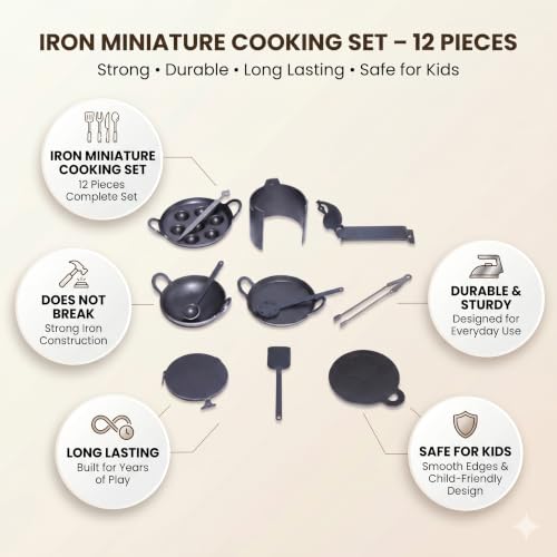 Image of Nakshathra Iron Miniature Kitchen Set for Kids, Tiny Cookware Toys for Real Cooking Set, Ideal for Creative Playing - Set of 12 (Black)